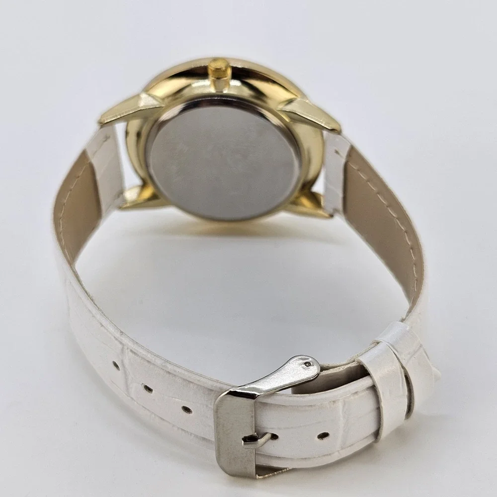 Unisex Analog Watch 40MM White Dial White Faux Leather Bands New Battery
